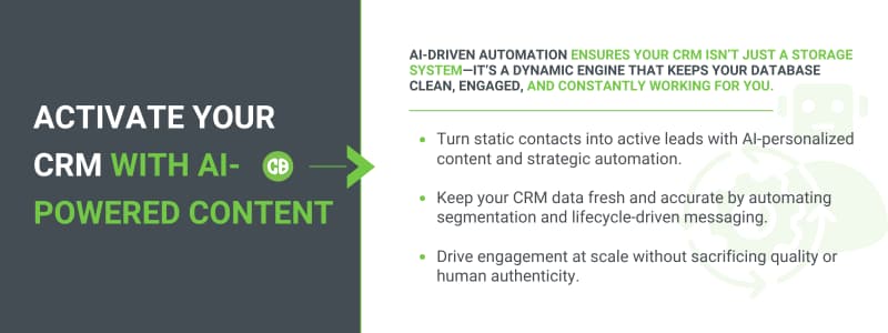 Graphic with the headline ‘Activate your CRM with AI-powered content,’ listing benefits like personalized automation, accurate segmentation, and scalable engagement through AI-driven marketing.
