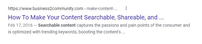 Pictured: The search metadata for one result. Note that you generally get credit for variations of a keyword, so “content searchable” comes up for “searchable content.” 